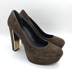 Design Lab Lovireng Forest Green Suede Platform Pumps Gold Block Heel Womens 11